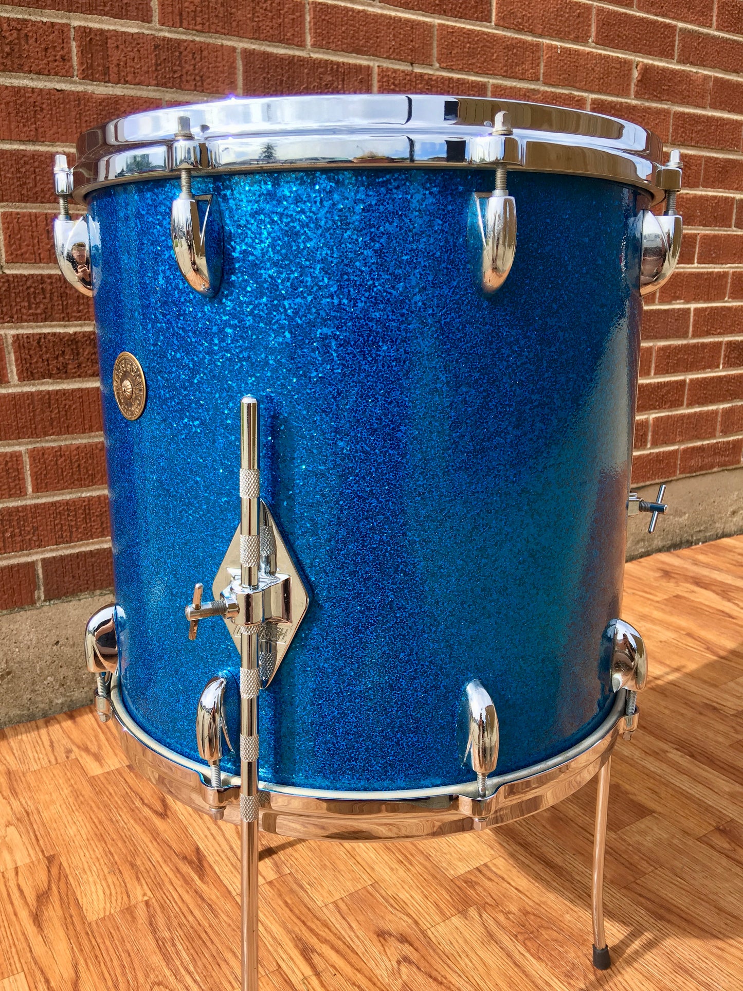 1960s Gretsch 14x14 Progressive Jazz Round Badge 6 Ply Floor Tom Drum Blue Sparkle