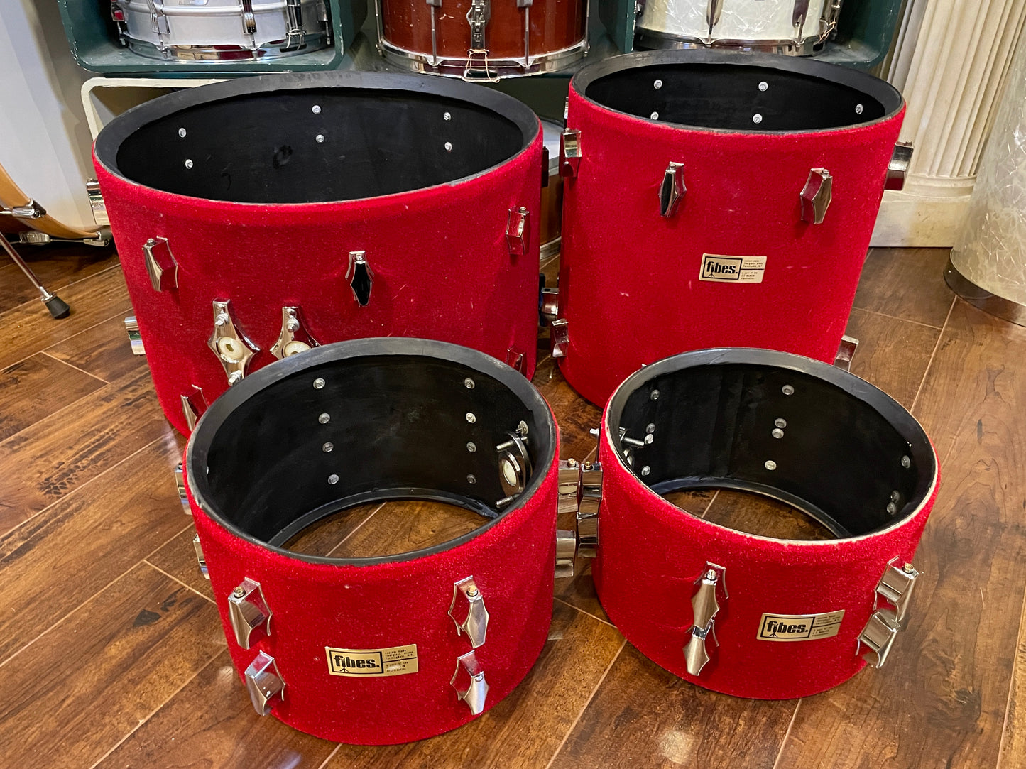 1970s Fibes Fiberglass Drum Set FiVel Red Plush 22/12/13/16