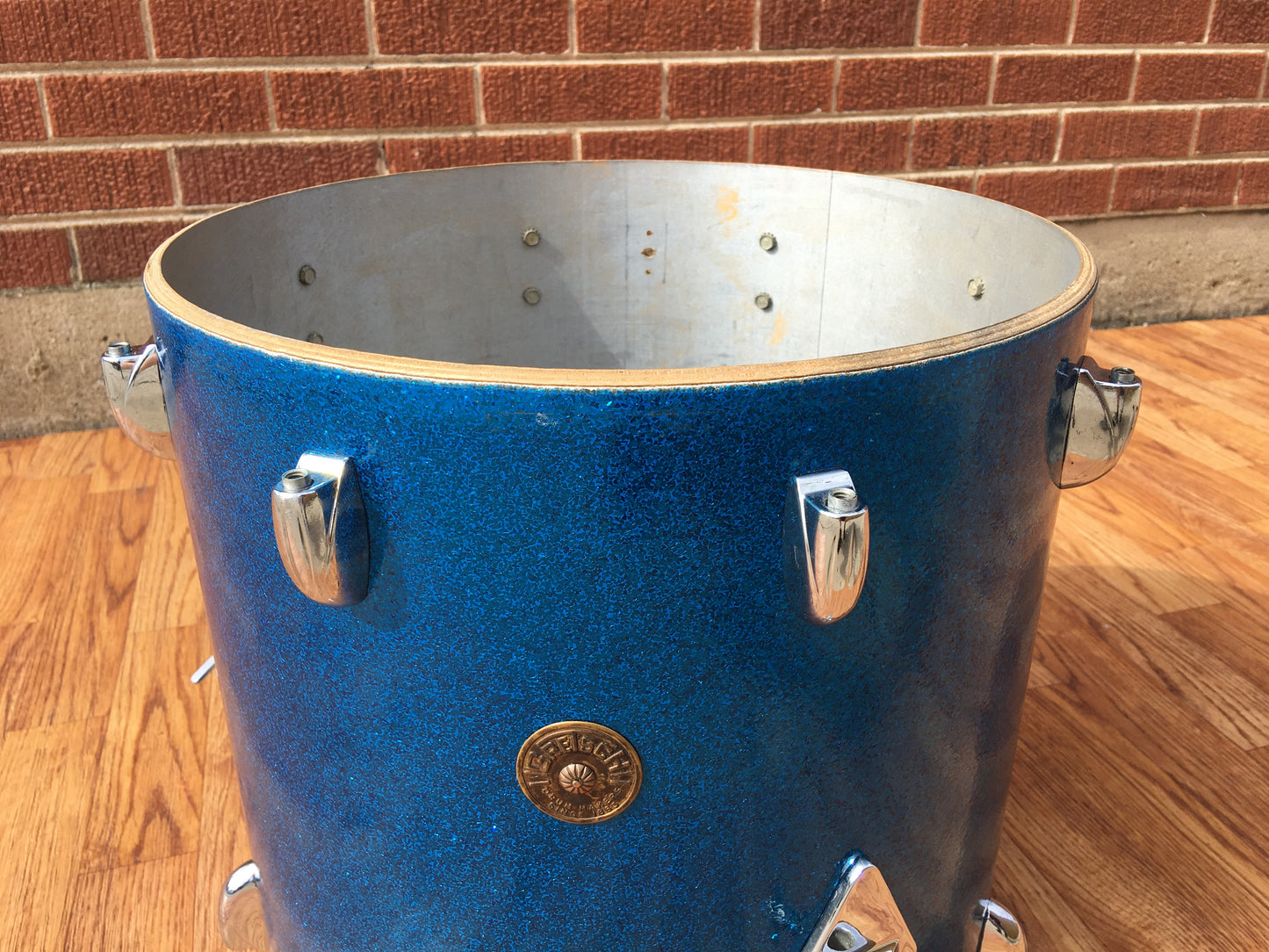 1960s Gretsch 14x14 Progressive Jazz Round Badge 6 Ply Floor Tom Drum Blue Sparkle