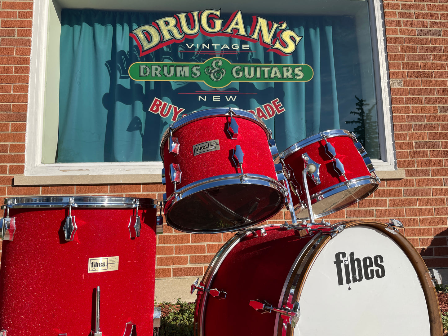 1970s Fibes Fiberglass Drum Set FiVel Red Plush 22/12/13/16