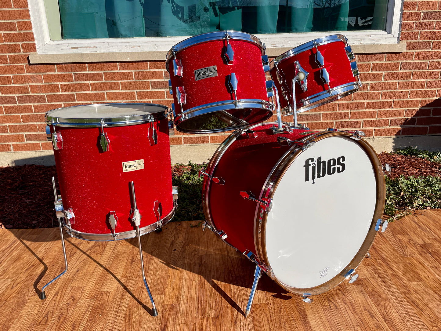 1970s Fibes Fiberglass Drum Set FiVel Red Plush 22/12/13/16