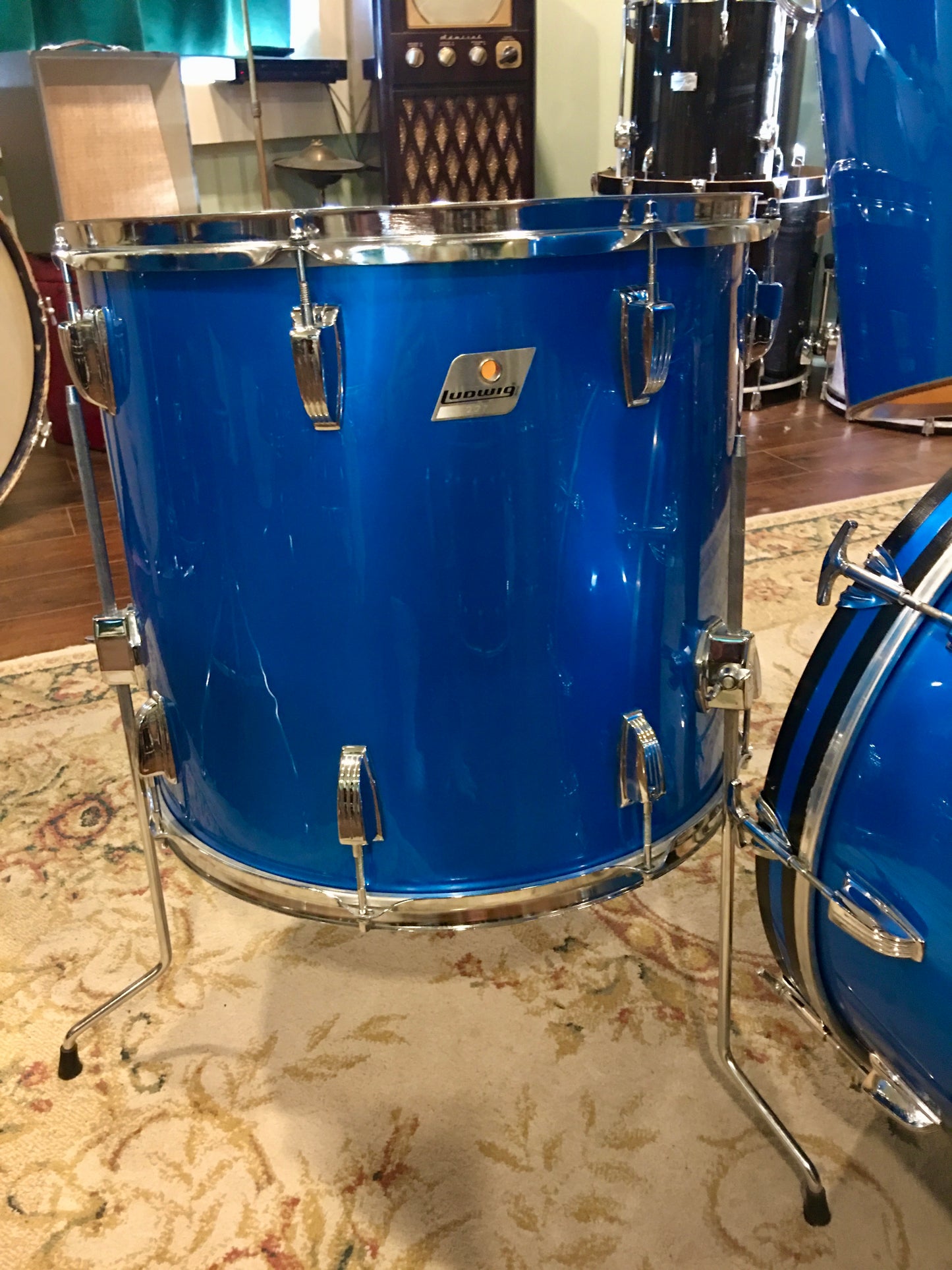 1970s Ludwig Silver Badge Quadra Plus 3 Ply Drum Set Blue Silk 22/13/14/15/16/18