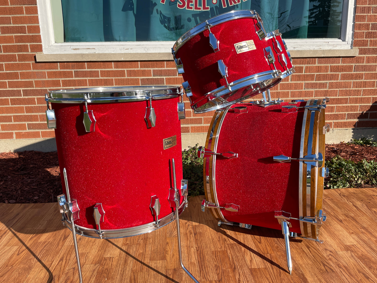 1970s Fibes Fiberglass Drum Set FiVel Red Plush 22/12/13/16