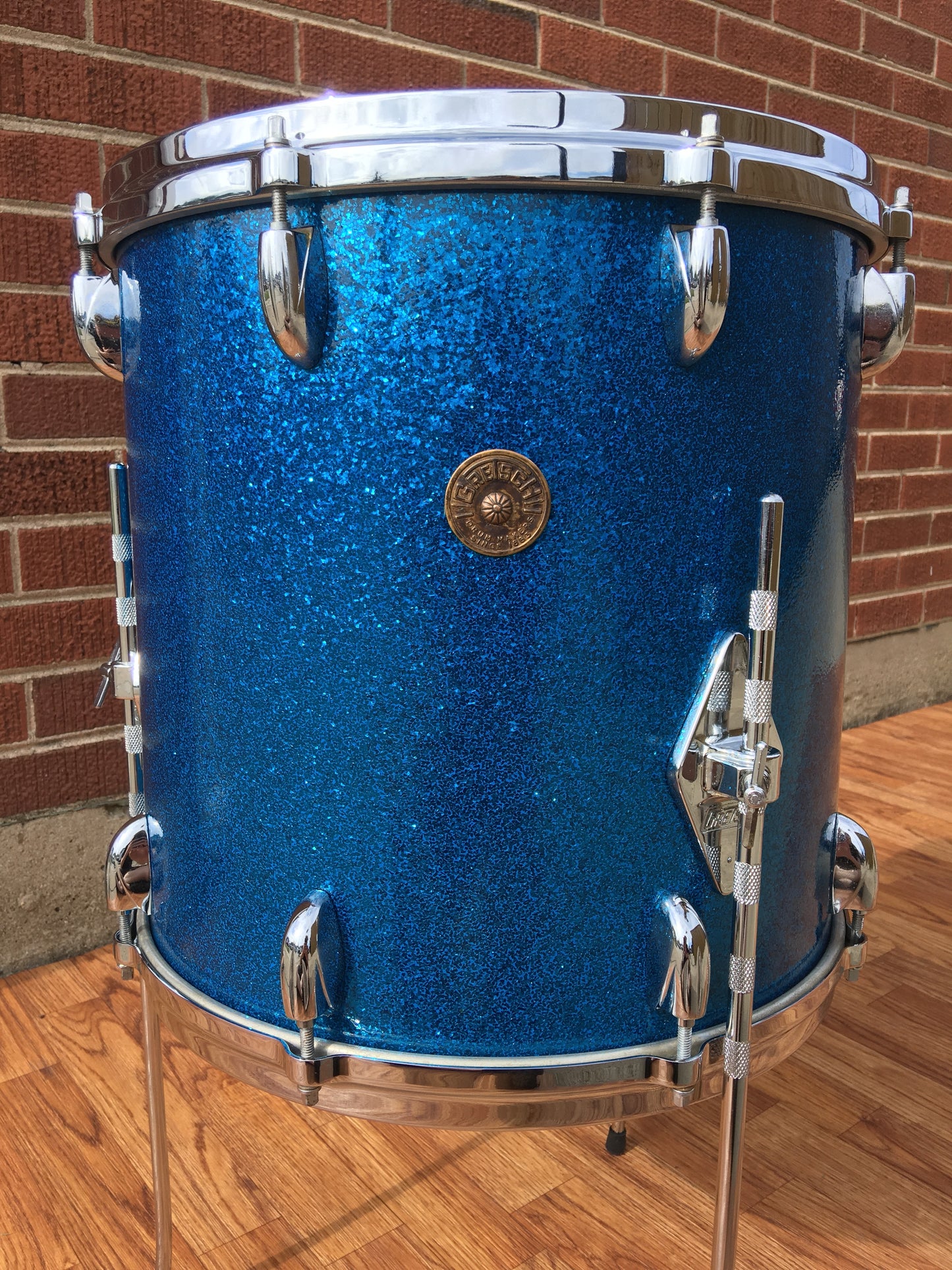 1960s Gretsch 14x14 Progressive Jazz Round Badge 6 Ply Floor Tom Drum Blue Sparkle