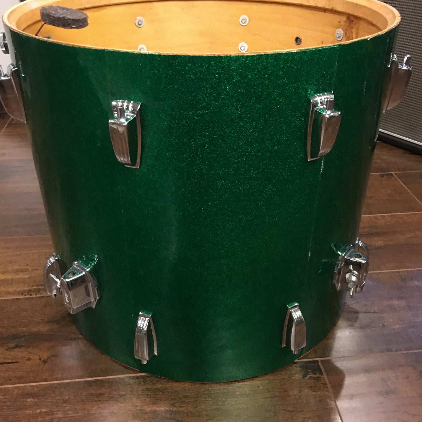 Early 1970s Ludwig 16x18 Floor Tom Drum Green Sparkle Rewrap
