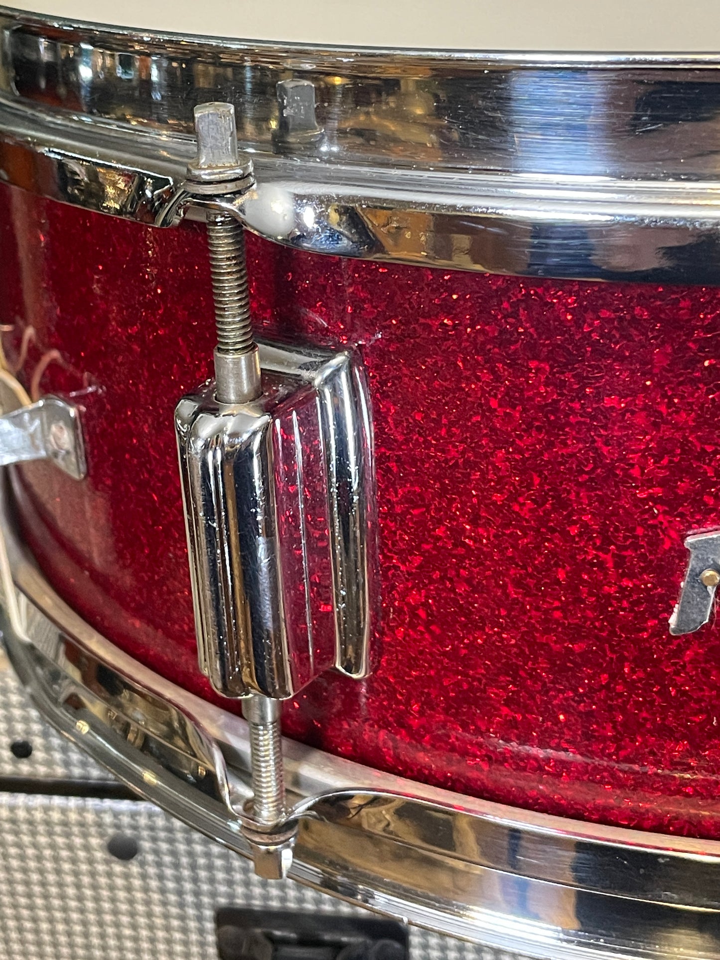 1960s Rogers Luxor 5x14 Snare Drum Red Glass Glitter Cleveland Era