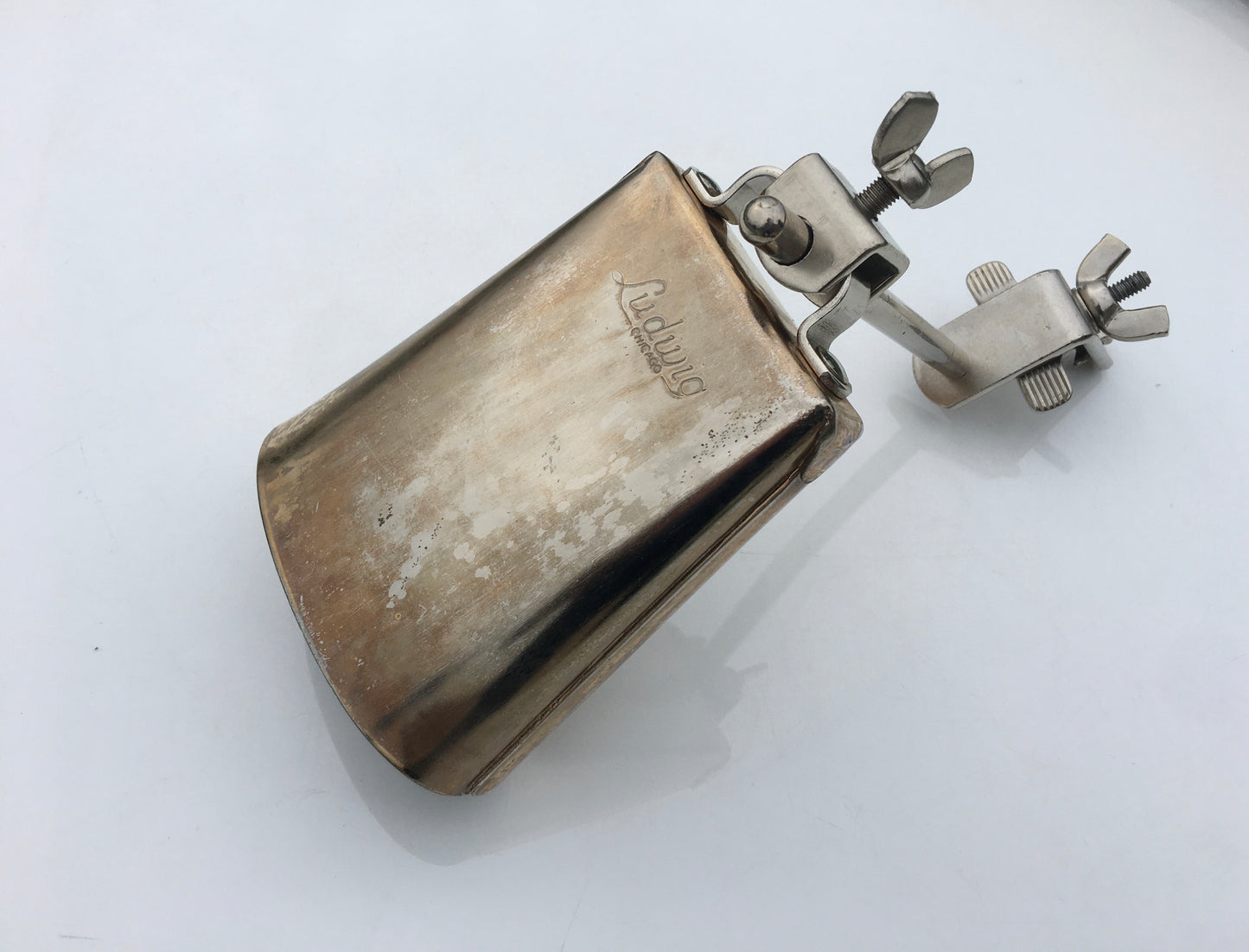 Vintage 1960s Ludwig Script Logo 5" Golden Tone Cow Bell And Holder Gold Tone Cowbell