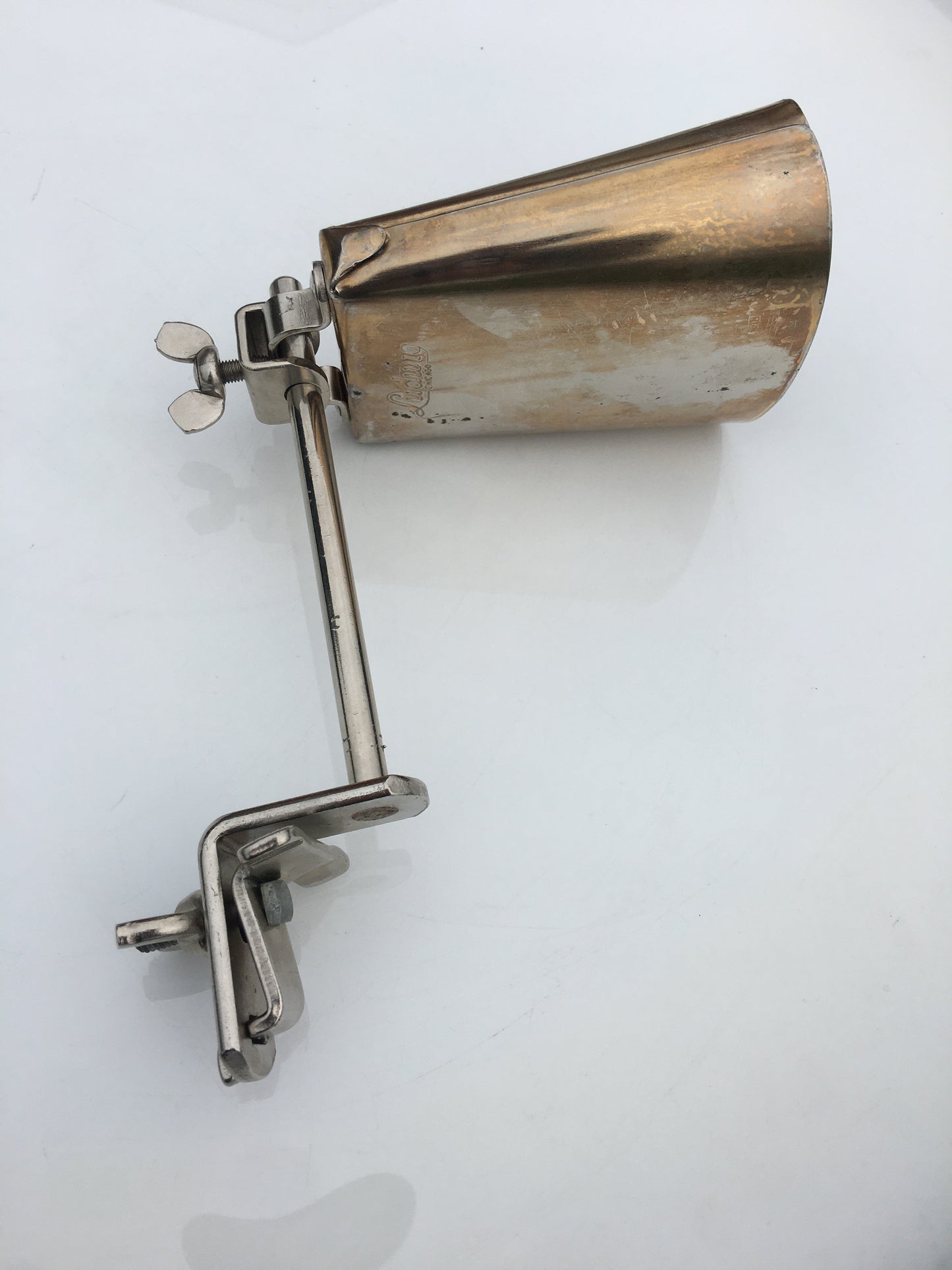 Vintage 1960s Ludwig Script Logo 5" Golden Tone Cow Bell And Holder Gold Tone Cowbell