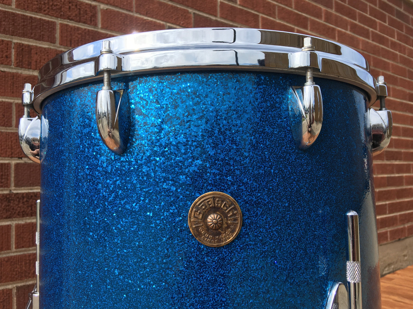 1960s Gretsch 14x14 Progressive Jazz Round Badge 6 Ply Floor Tom Drum Blue Sparkle