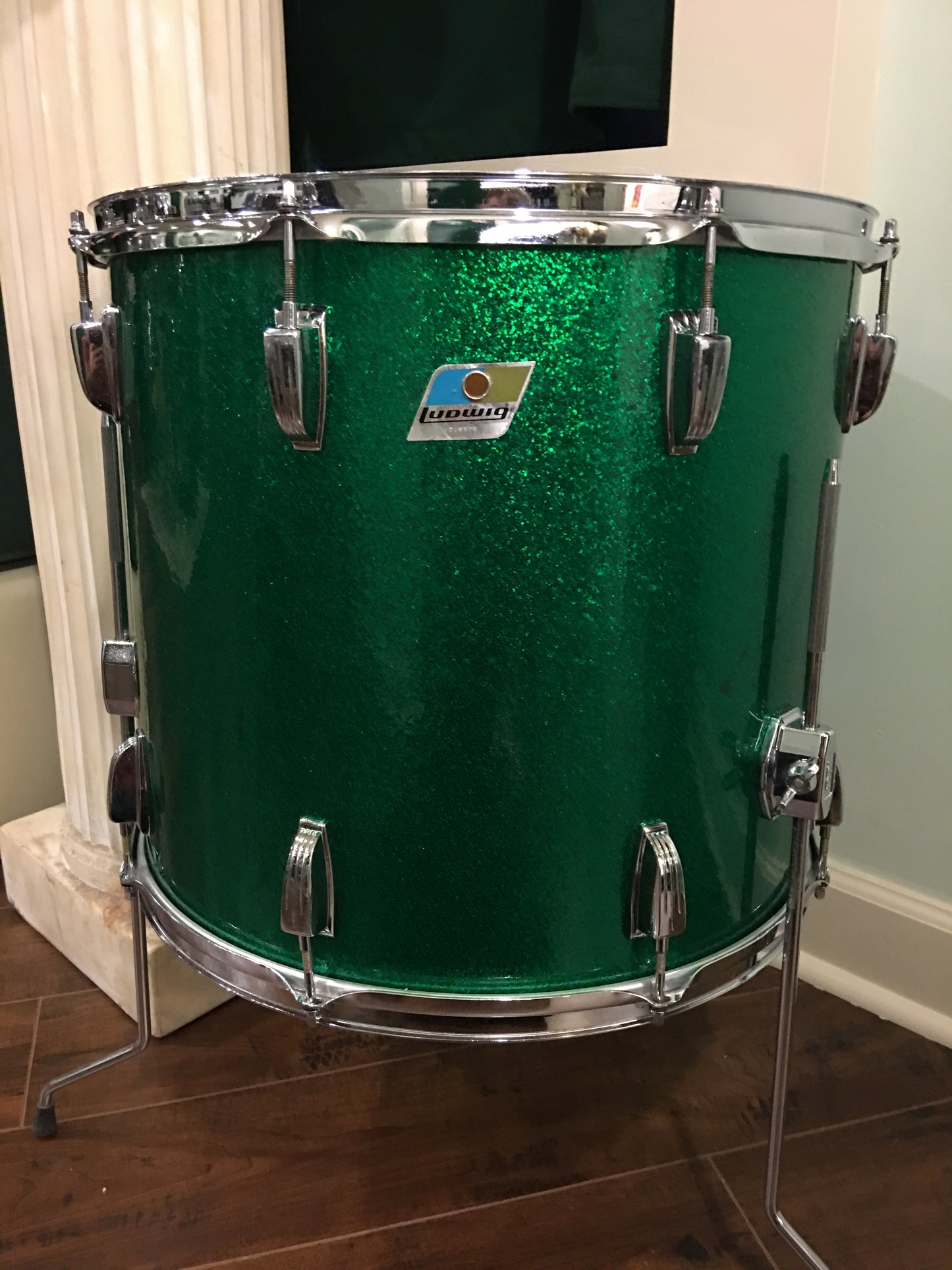 Early 1970s Ludwig 16x18 Floor Tom Drum Green Sparkle Rewrap