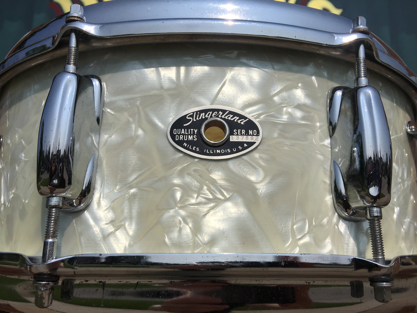 1970s Slingerland 5.5x14 Hollywood Ace White Marine Pearl Snare Drum