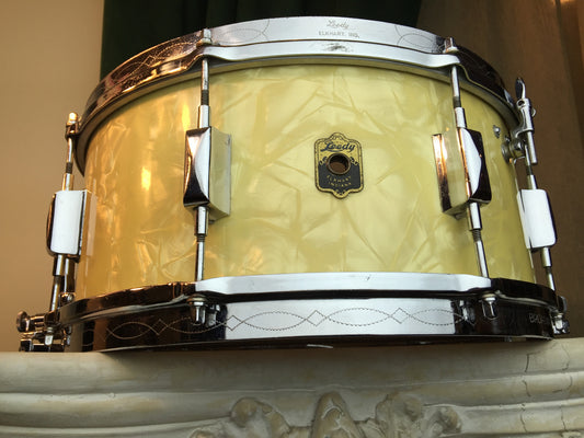 Leedy 1935-36 6.5"x14" Dual Broadway Snare in White Marine Pearl