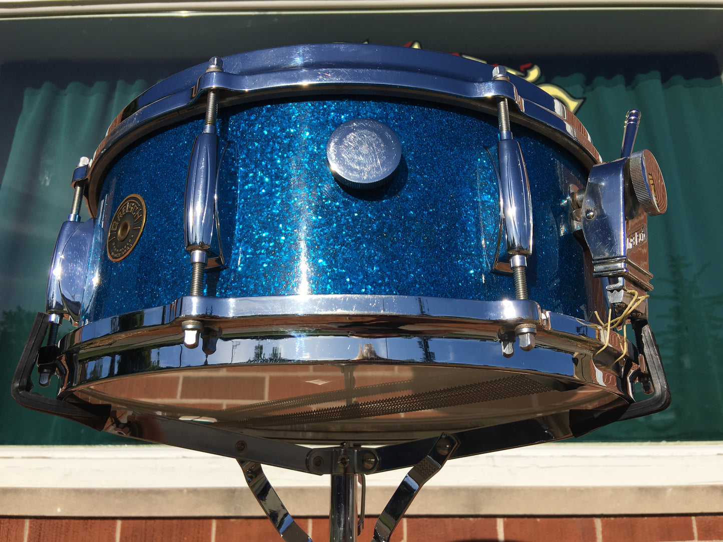 1959/60 Gretsch Round Badge Broadkaster Name-Band Drum Set - Blue Glass Glitter 22/13/16/5x14 Snare