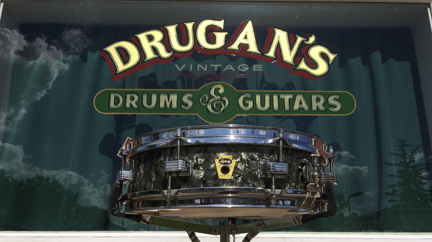 1959 Ludwig Downbeat Trans Badge 4"x14" Black Diamond Pearl Snare Drum