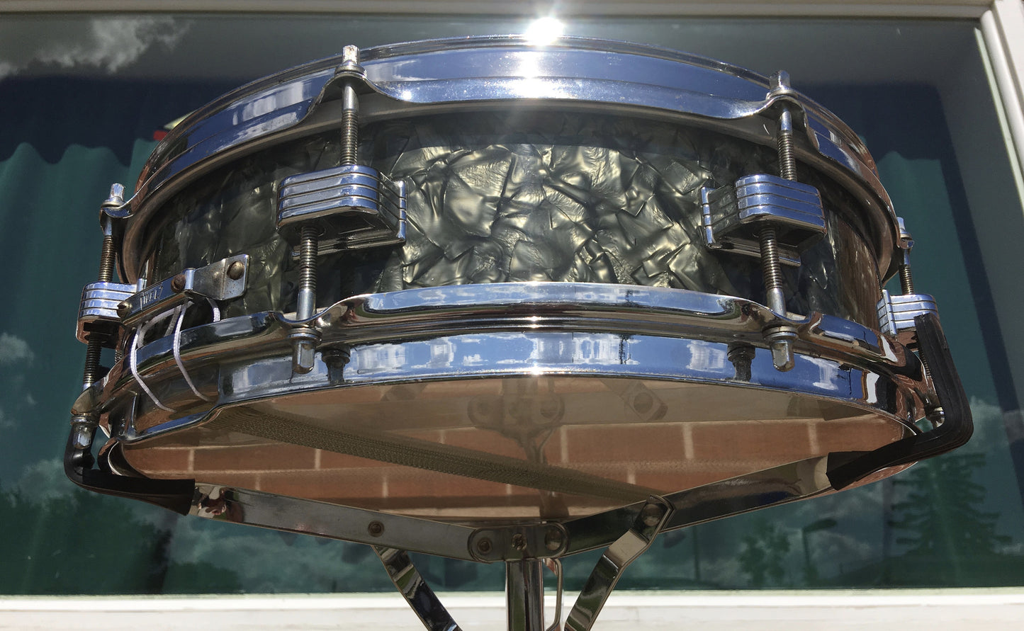 1959 Ludwig Downbeat Trans Badge 4"x14" Black Diamond Pearl Snare Drum