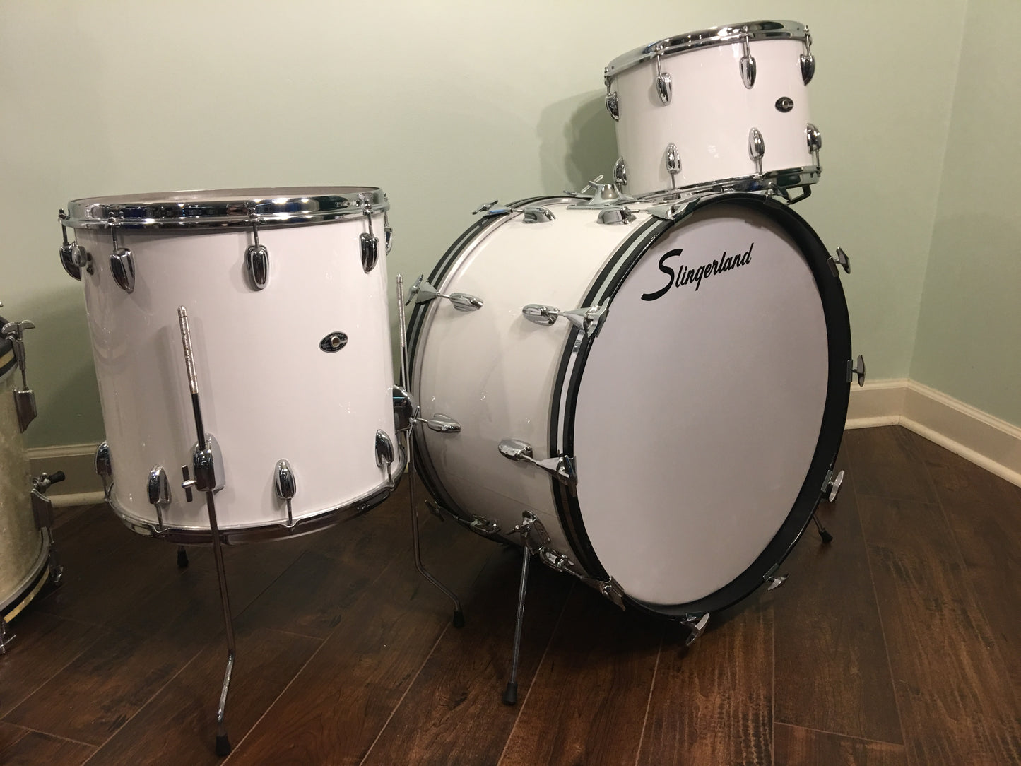 1970s Slingerland Drum Set White Gloss Pearl 3 Ply 24/14/16