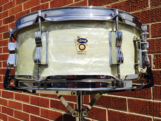 1960 Ludwig Trans Badge Keystone Jazz Festival Snare White Marine Pearl - NICE!