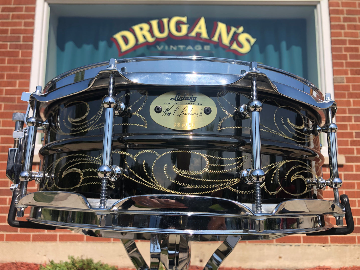 N.O.S. 1999 Ludwig 5x14 Wm. F. Ludwig II Signed 90th Anniversary John Aldridge Engraved Black Beauty Snare Drum w/ Case