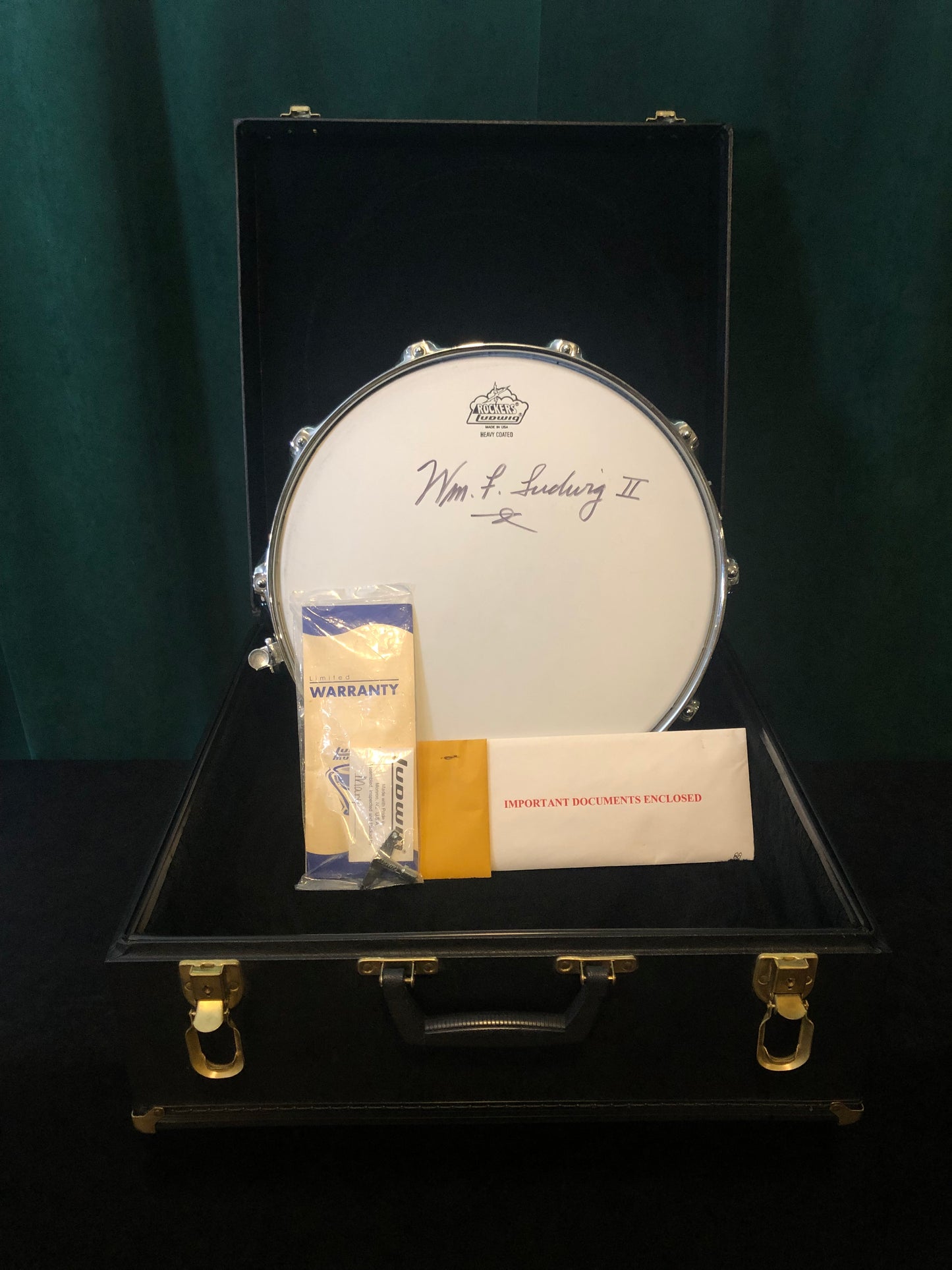 N.O.S. 1999 Ludwig 5x14 Wm. F. Ludwig II Signed 90th Anniversary John Aldridge Engraved Black Beauty Snare Drum w/ Case