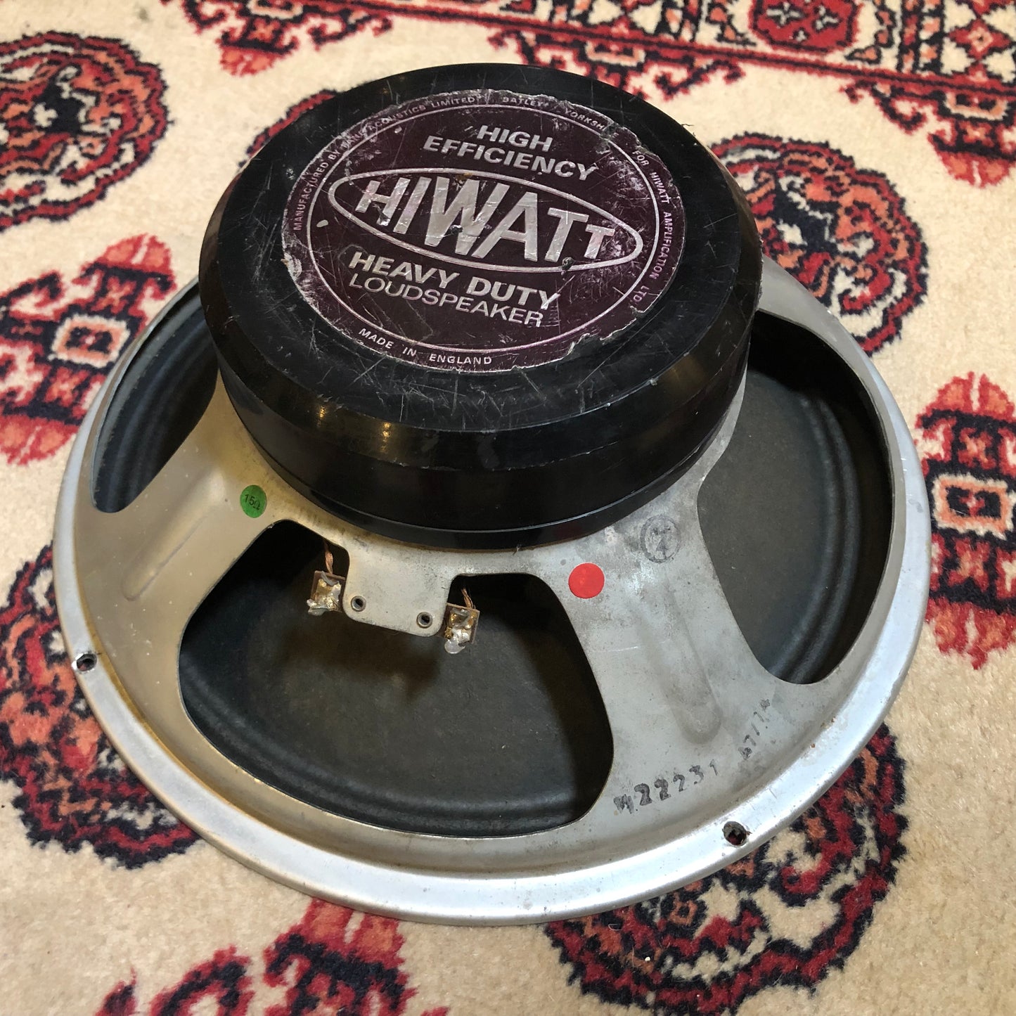 1974 Hiwatt 12" Fane 122231 Purple Back Guitar Speaker 15 Ohms Pulsonic 6441