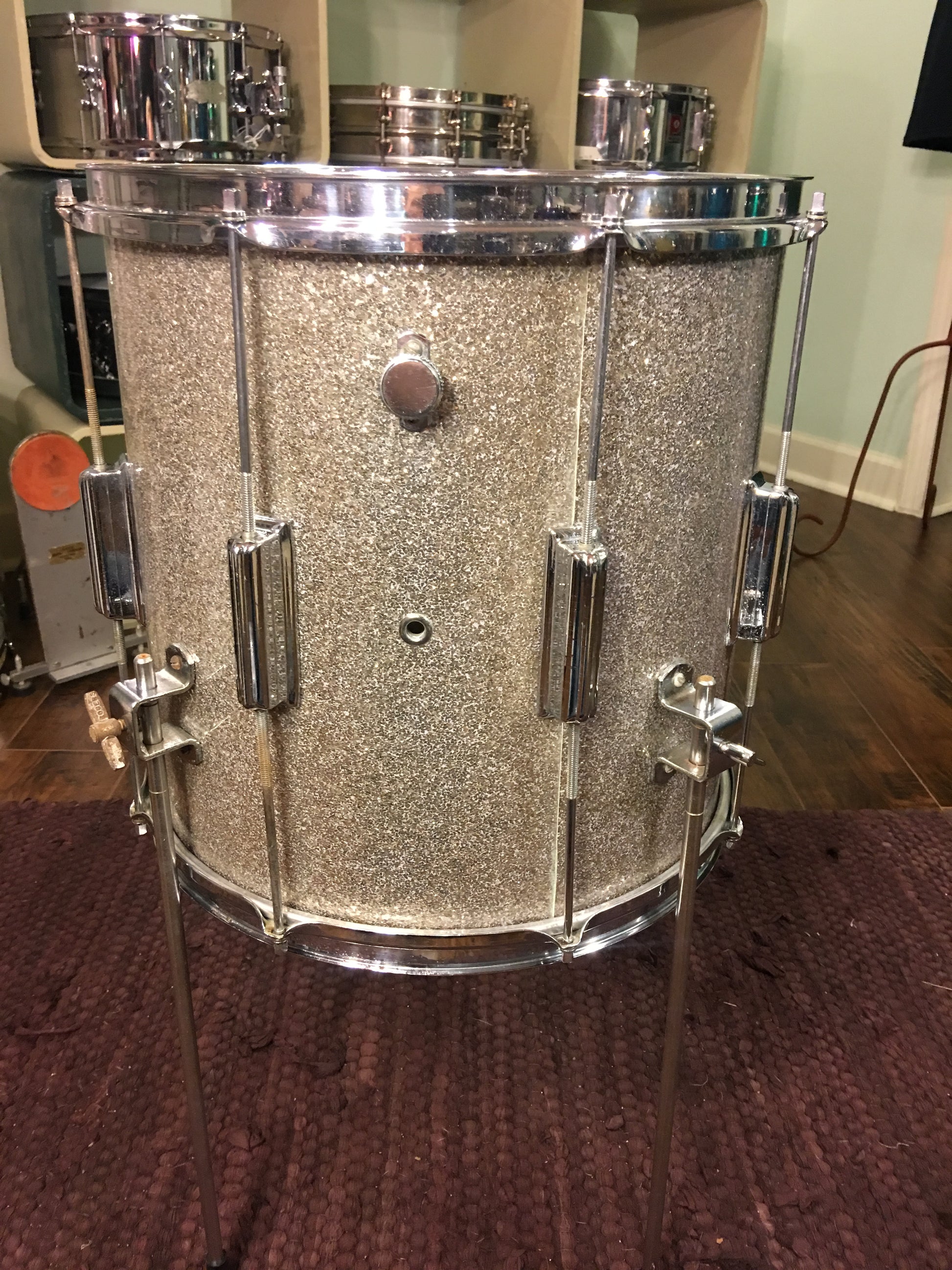 1960 s Rogers 14x14 Tower Floor Tom Drum Silver Sparkle Drugan s Drums Guitars