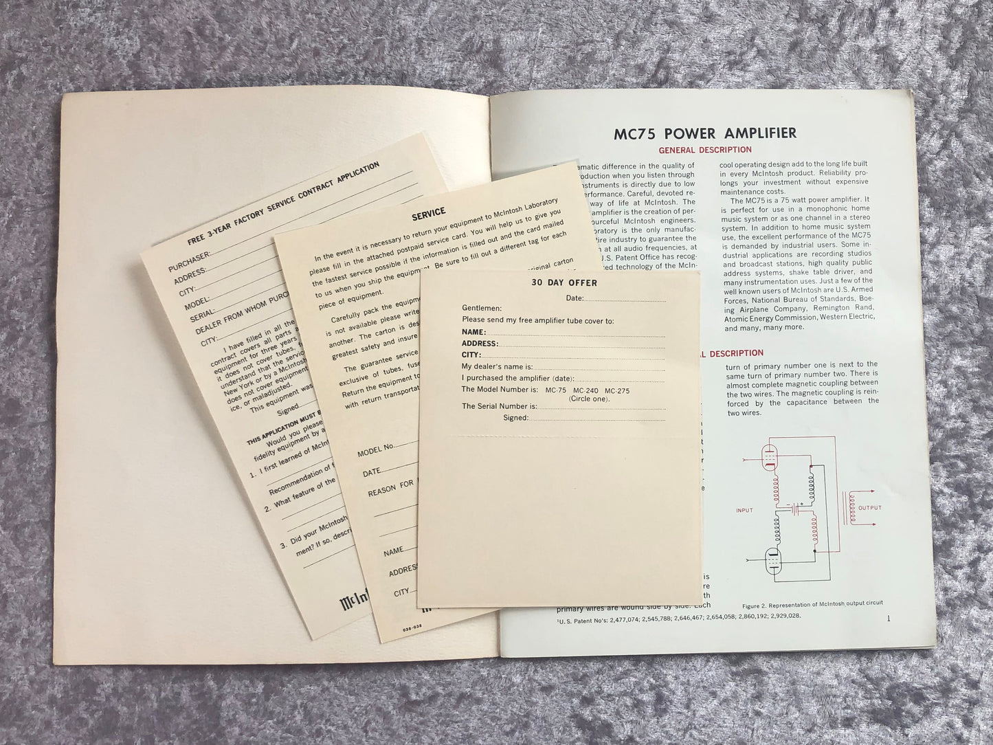 Vintage McIntosh MC75 Owner's Manual, Maintenance Manual/Schematic, and Warranty Cards