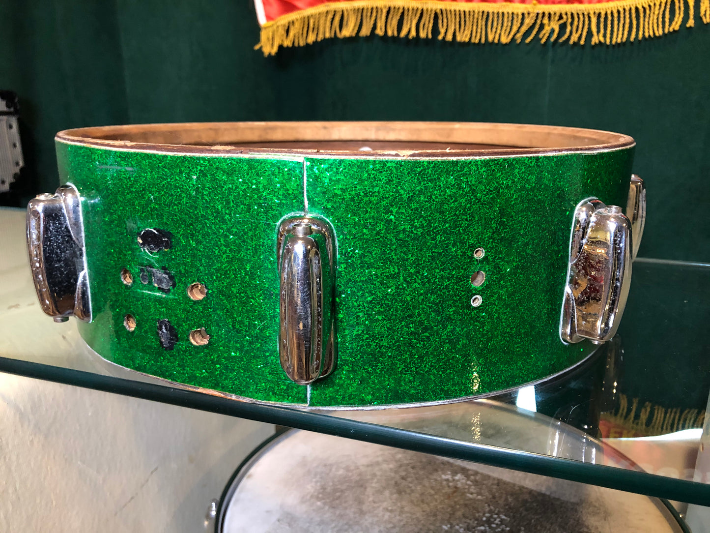 1958 Slingerland 4.5x14 Drum Shell 8 Lug Green Glass Glitter Sparkle
