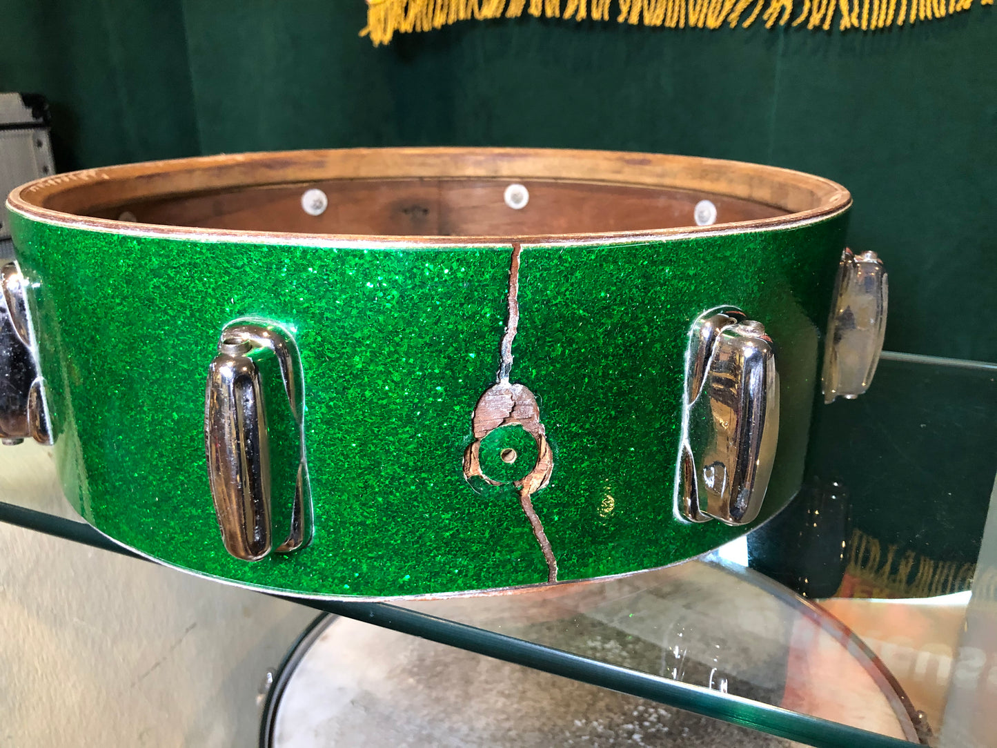 1958 Slingerland 4.5x14 Drum Shell 8 Lug Green Glass Glitter Sparkle