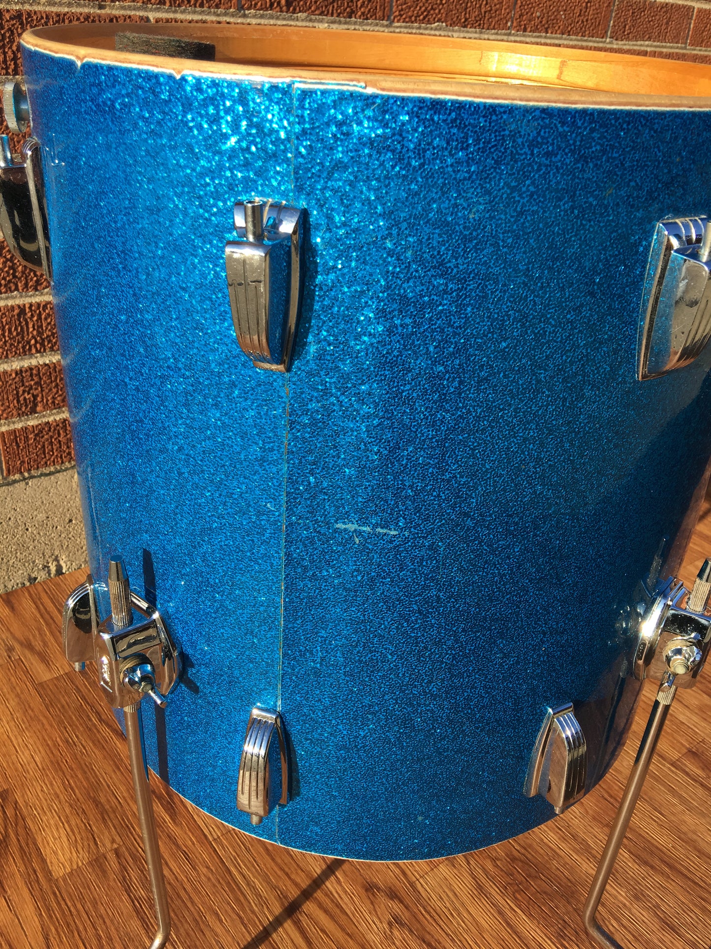 1970s Ludwig Keystone 16X16 3 Ply Super Classic Floor Tom Blue Sparkle