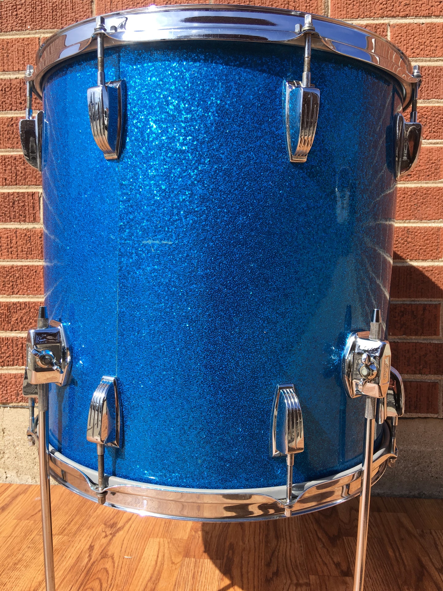 1970s Ludwig Keystone 16X16 3 Ply Super Classic Floor Tom Blue Sparkle