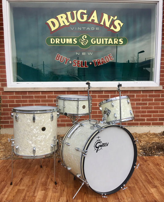 1954 Gretsch BroadKaster "Name Band" White Marine Pearl Drum Set w/ 6.5x14 Gladstone Snare Drum *Time Capsule*