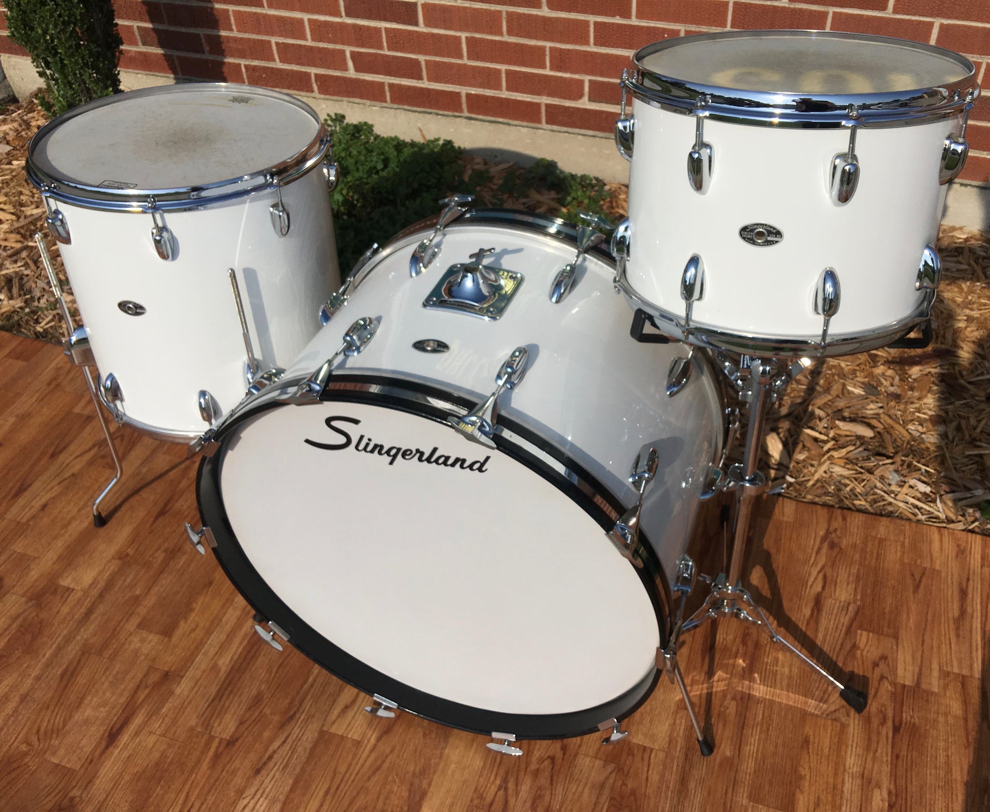 1970s Slingerland Drum Set White Gloss Pearl 3 Ply 24 14 16
