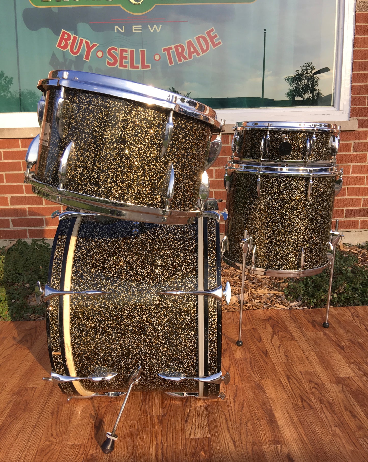 1964-65 Sonor Tear Drop Chicago Star Drum Set 22/13/16/5x14 Schwarts/Black w/Gold Sparkle