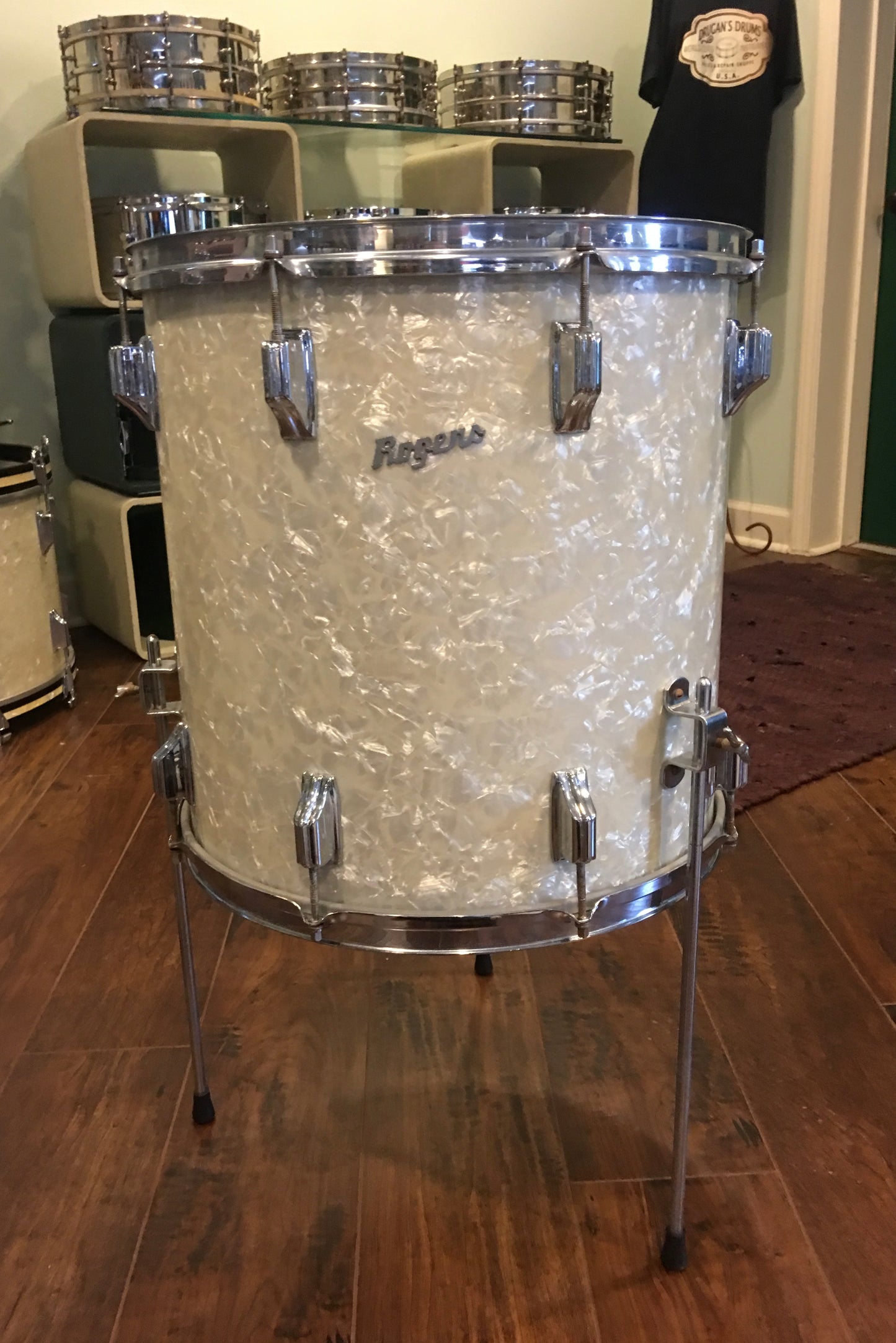 1960's Rogers Cleveland Holiday 16x16 White Marine Pearl Floor Tom Drum