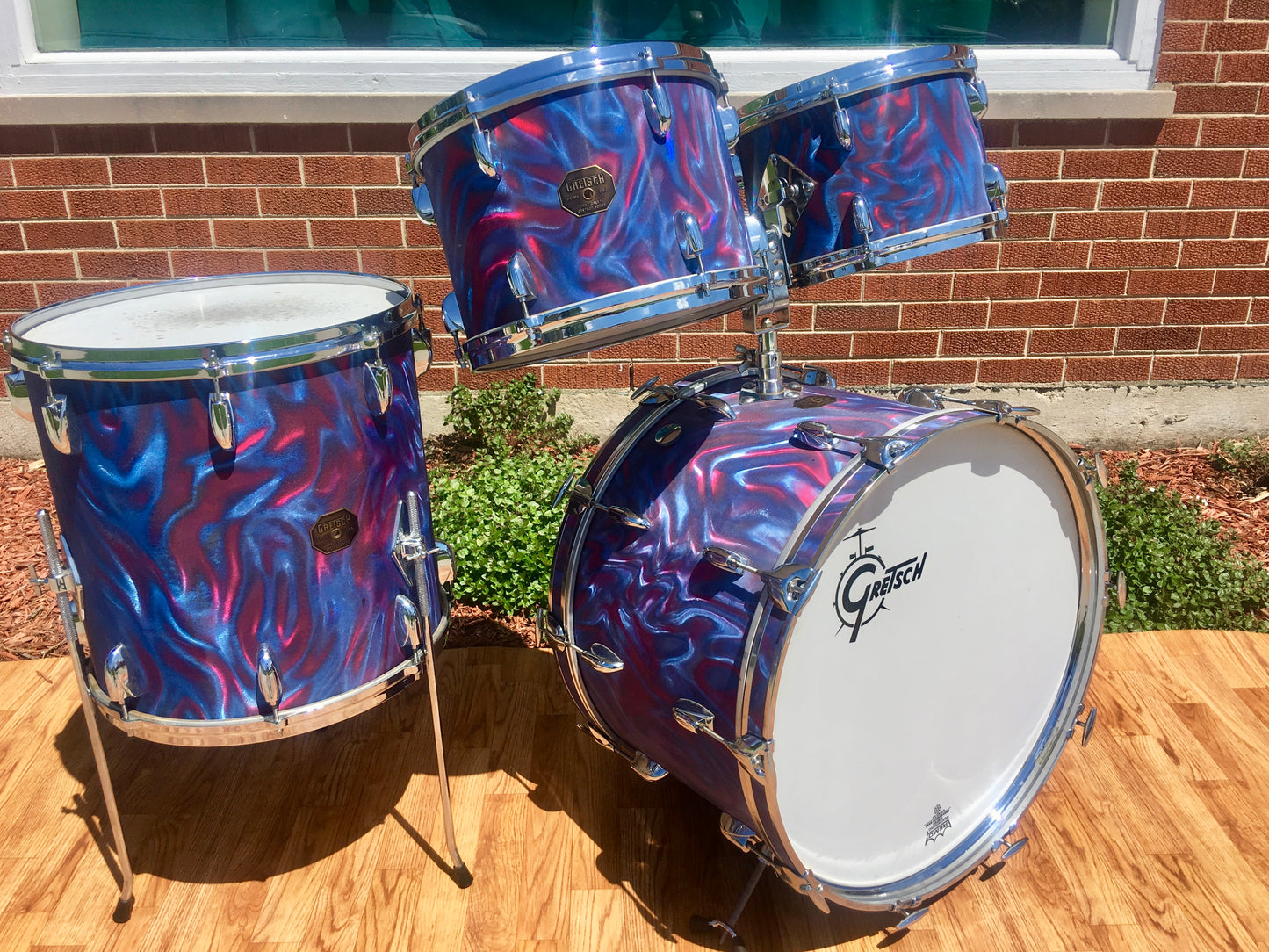 1971 Gretsch Stop Sign Badge Drum Set in Peacock Satin Flame