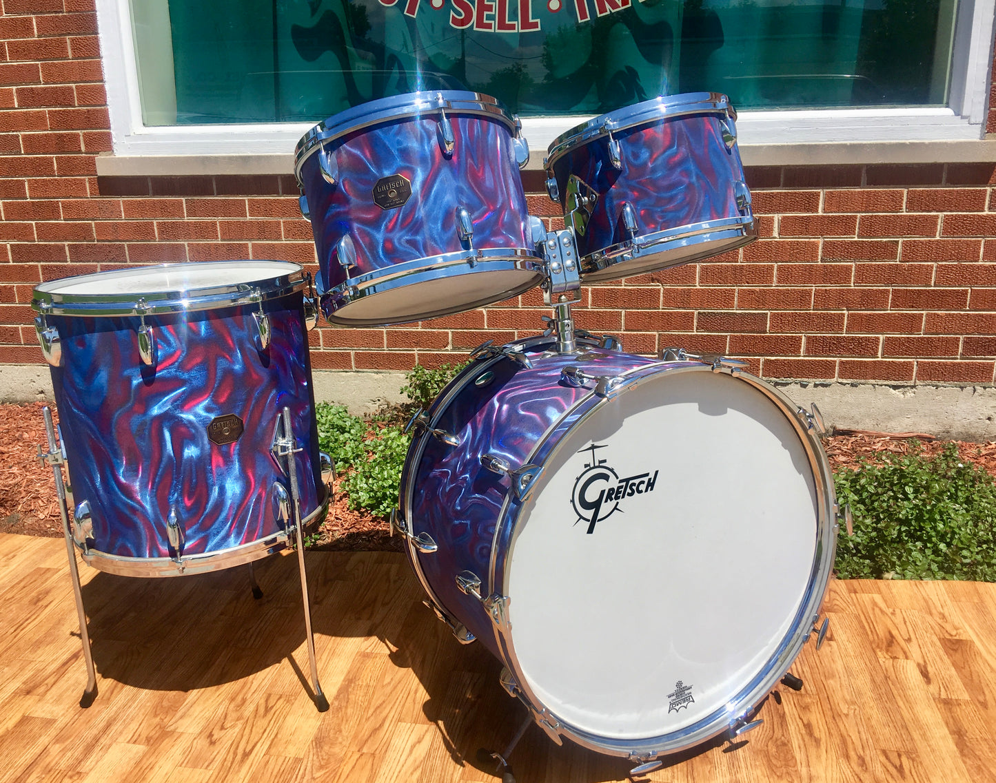 1971 Gretsch Stop Sign Badge Drum Set in Peacock Satin Flame