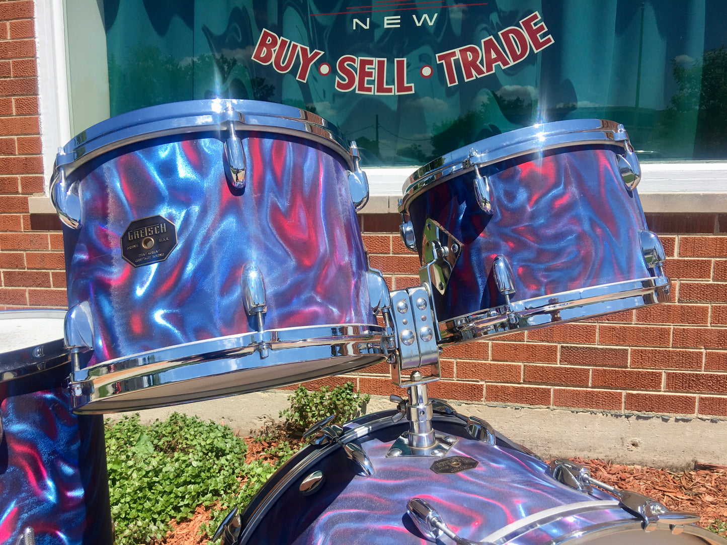 1971 Gretsch Stop Sign Badge Drum Set in Peacock Satin Flame