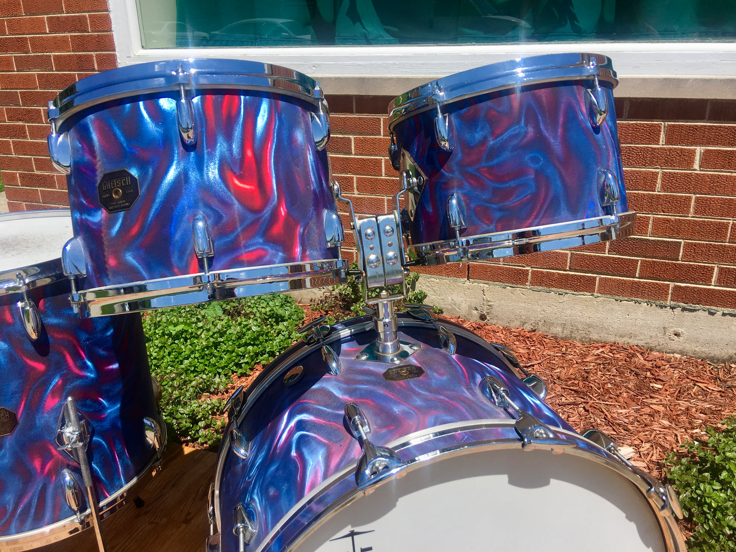 1971 Gretsch Stop Sign Badge Drum Set in Peacock Satin Flame